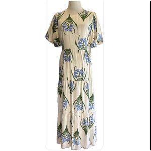 Zara NWOT  Puff Sleeves Botanical Print Cut Out Back Full Skirt Maxi Dress S